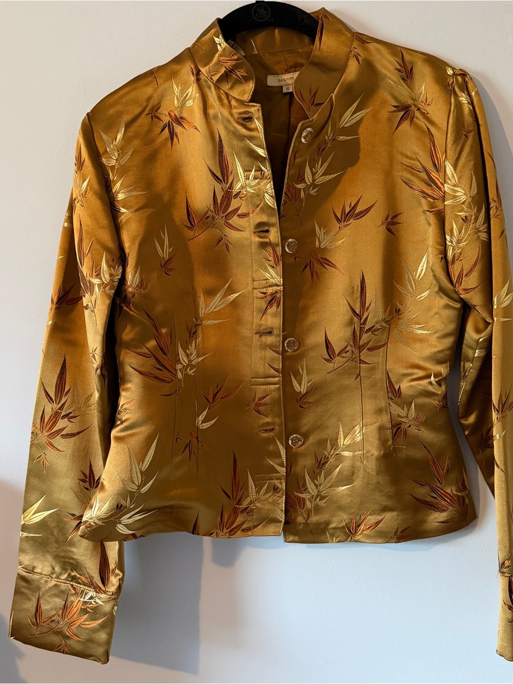 Elegant Gold Satin Mandarin Collar Jacket